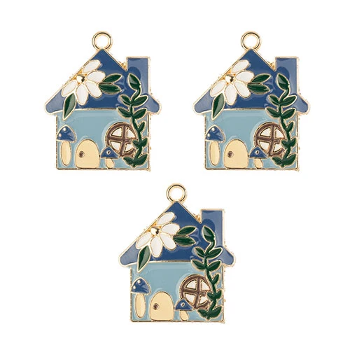 DZ0467-005: Zinc Charm 29x24mm Blue House 3PPK