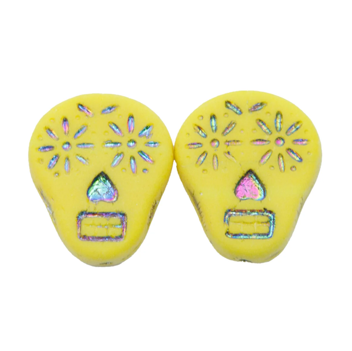 SK010: Sugar Skull - Yellow and Iridescent 19x16mm - 10 Pc