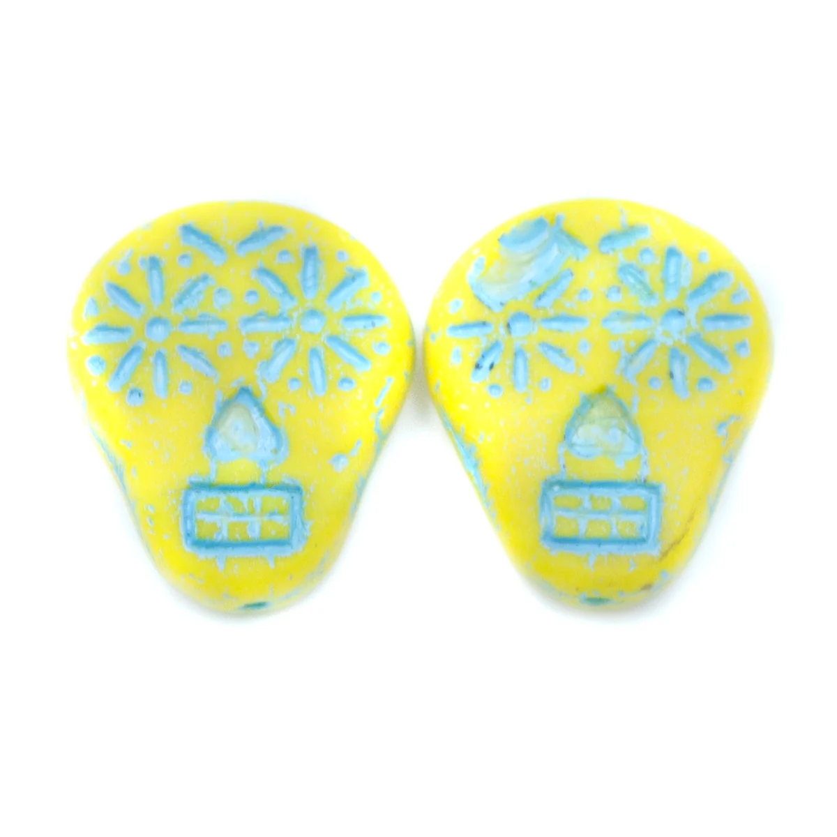 SK016: Sugar Skull - Yellow and Ice Blue 19x16mm - 10 Pc - Image 2